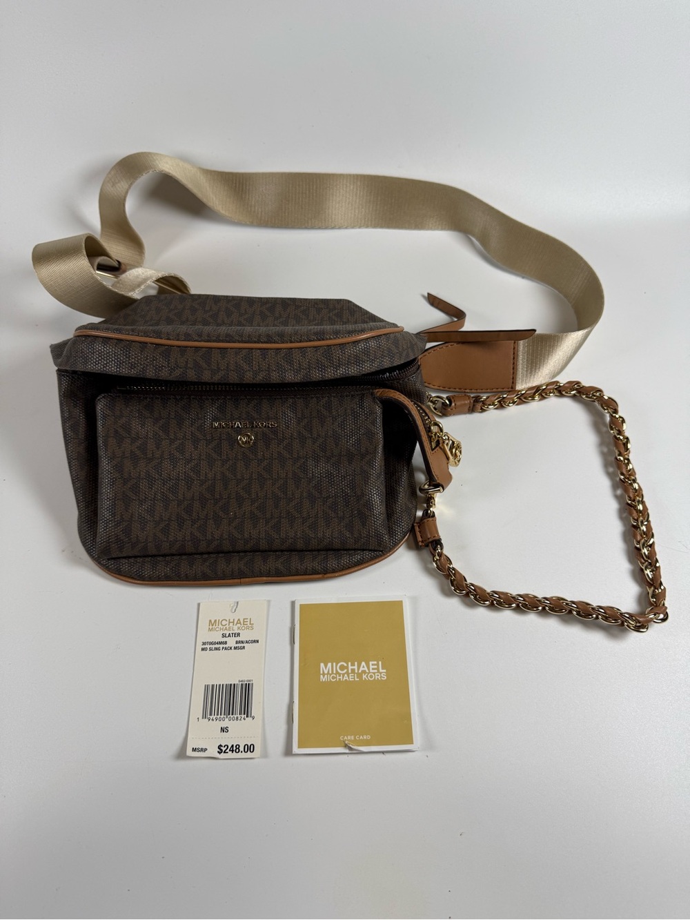 Michael Kors Brown Slater MK Crossbody Belt Bag with Gold Chain